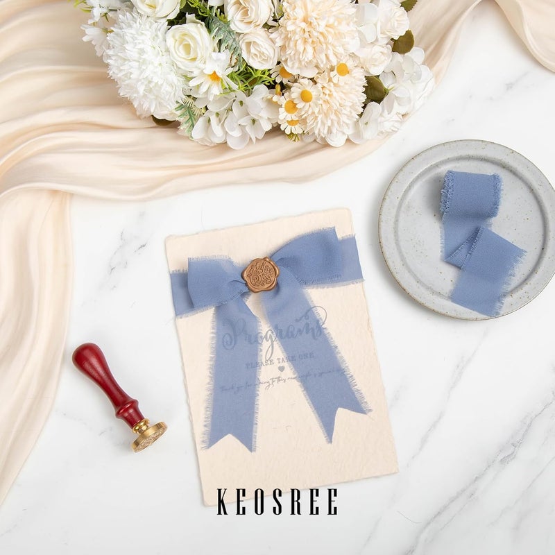 KEOSREE Baby Blue Dusty Blue Handmade Chiffon Ribbon,1.5" x 21Yd Frayed Silk Ribbons for Wreaths Bridal Flower Bouquet Christmas Gift Wrapping Wedding Decor Invitations Decorations (7Yards X 3 Rolls) - Image 5